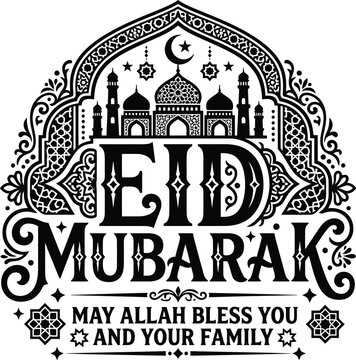 Eid Mubarak Typography with Mosque Crescent and Ornamental Islamic Frame Black and White