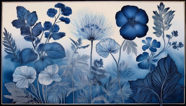 classic art design concept banner showcasing vintage cyanotype botanical prints