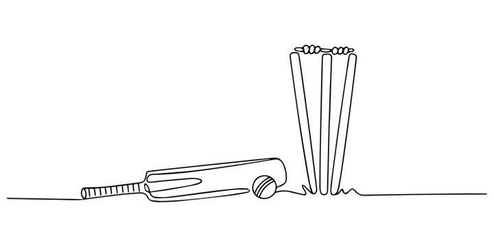 cricket bat, stumps, bails, and ball isolated continuous one line drawing, Wooden cricket gear or equipment for match. Dynamic one line draw graphic design vector illustration minimalist continuous.