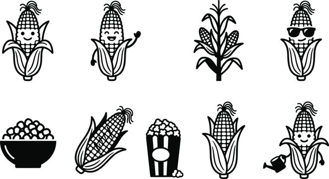 Cute Corn Cartoon Character Outline Icon Set with Popcorn Plant and Farming Agriculture Vector Graphic Elements