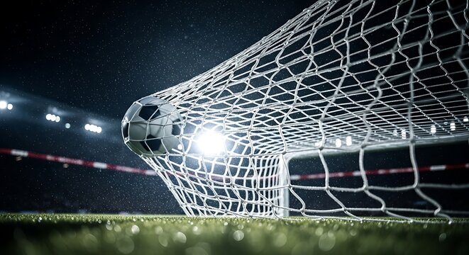 Soccer ball hitting the goal net during a night match in a stadium