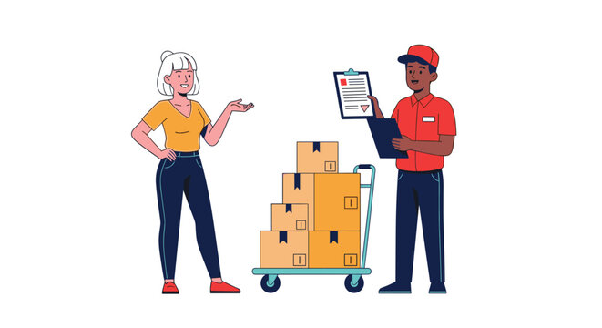 Friendly woman accepting a stack of packages from a delivery professional holding a clipboard for a successful shipment service.