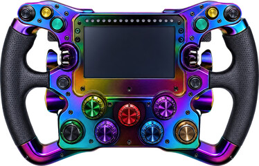 Fototapeta premium Neochrome racing steering wheel isolated on transparent background