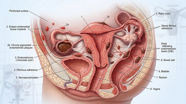Exploring the intricate and challenging landscape of endometriosis within the female pelvic anatomy, showcasing diverse lesion formations