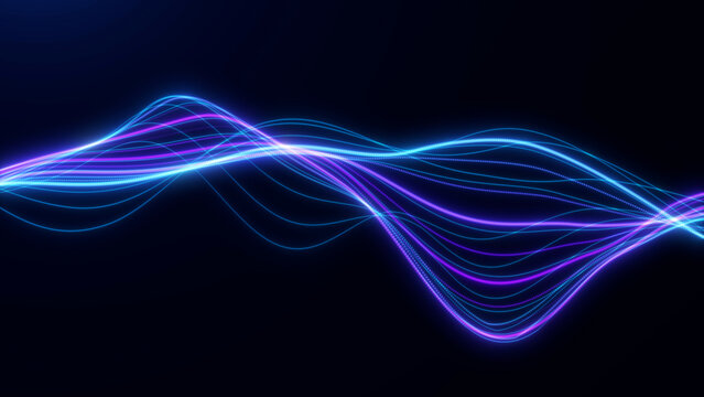 Blue and purple glowing digital wave made of flowing light lines on dark background. Abstract technology loop for data stream visuals, network motion, AI interfaces, corporate screens, music graphics