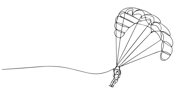 rave person is paragliding, suspended high beneath fully inflated chute continuous line drawing, flying low over a slope, thrill and airborne freedom. Single line draw design vector graphic illustrat