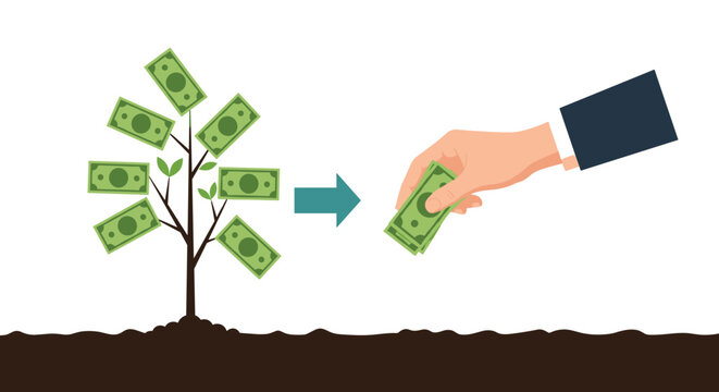 Conceptual illustration of a tree growing dollar bills with a business hand picking a leaf for investment and wealth concepts.