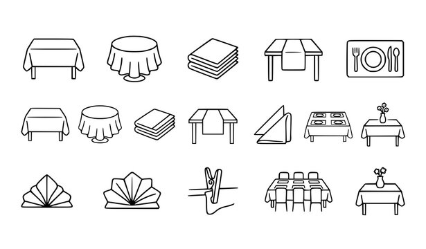 Minimal dining tablecloth icon collection with restaurant table cover and home decor outline vector set