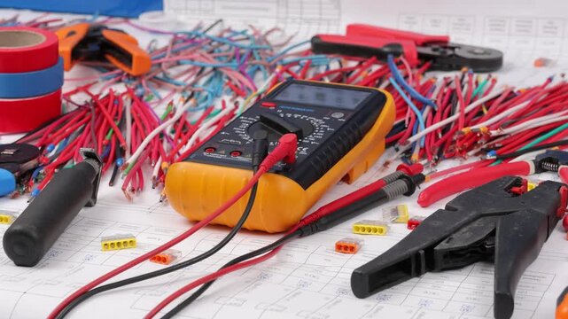 Tools and materials for assembling an electrical switchboard in the workplace.