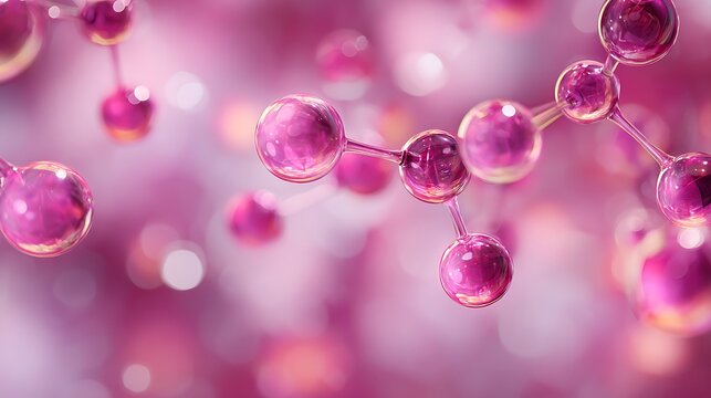 A vibrant, close-up macro shot of molecule model with transparent pink spheres and connected tubes