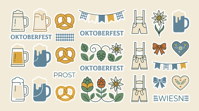 Oktoberfest Icons Collection Featuring Beer Mugs and Pretzels.