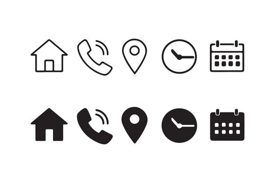 Interface icon set. Phone receiver, home, location pin, clock and calendar elements form a clean contact vector illustration