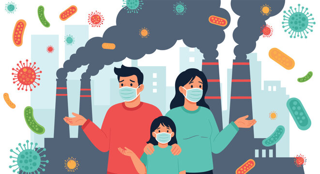 Concerned family wearing protective masks standing in front of industrial air pollution from factories and floating virus particles.