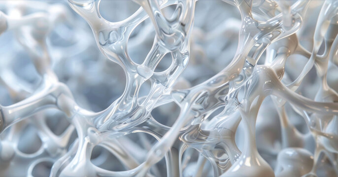 A magnified view of a translucent substance resembling jelly or slime pulsating and stretching as if alive. This biomaterial can change its form and adapt to different environments