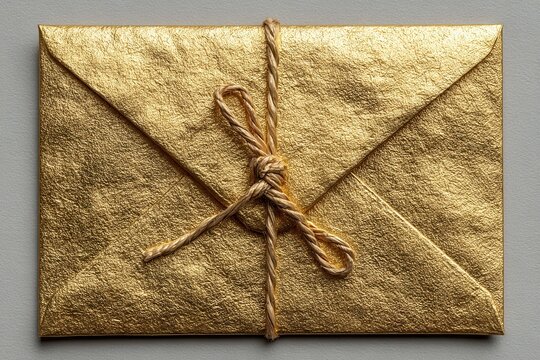 Golden envelope tied with twine on textured background