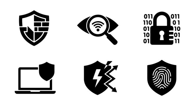 Cyber Security Icons: Shield, Lock, Fingerprint, Firewall, Laptop, Wi-Fi Scan, Binary Code