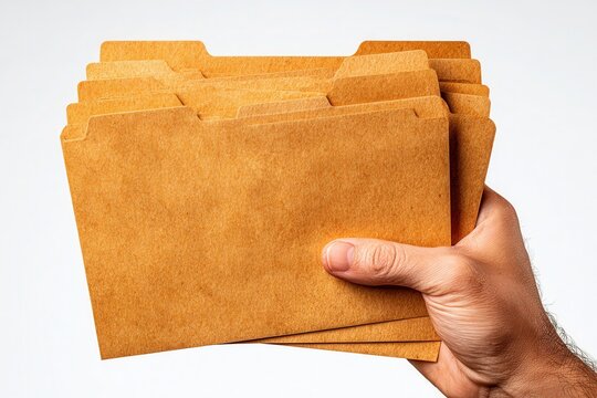Hand holding stack of manila file folders on white background