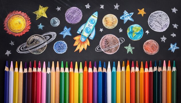back to school banner with colorful crayons row with outer space themed colored chalk drawing of planets stars astronaut and univrerse on black or dark grey chalkboard background