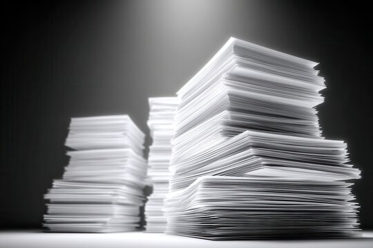 Stacks of paper documents in dramatic studio lighting