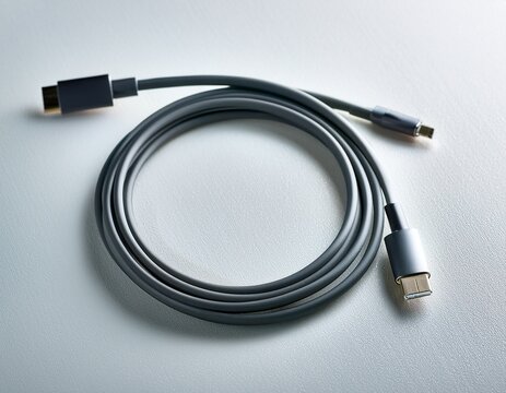 usb c cable coiled on clean white desk representing modern connectivity and fast charging usb reversible connector high speed data transfer technology productivity streamlined workflow