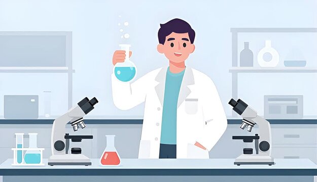 Flat Vector Illustration of a Male Scientist Conducting Research and Holding a Chemical Flask in the Laboratory