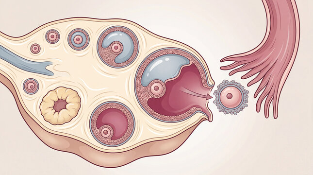 Ovarian marvel unfolds showing the developmental stages of a nascent egg maturing within its sanctuary before a grand release into the fallopian tube