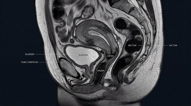 Unveiling the intricate landscape of female pelvic anatomy through a detailed sagittal MRI scan revealing Uterus Bladder and Rectum