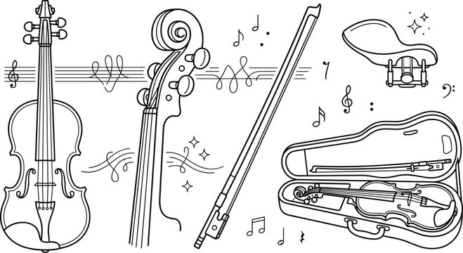 Violin Musical Instrument Vector Icon Set with Bow Case Scroll Chinrest Staff Lines and Notes