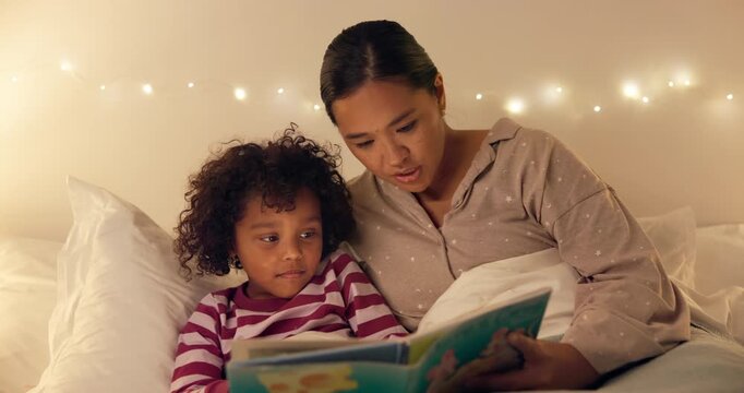 Night, mom or reading with child for bedtime story, fantasy or imagination together in home. Mother, bonding or kid with book or novel in late evening for literature, education or learning in bedroom