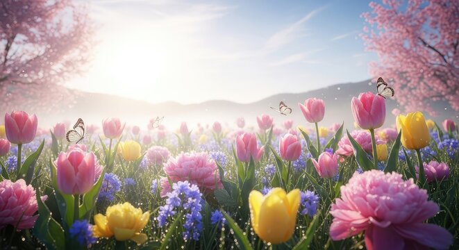 Vibrant Spring Floral Landscape with Tulips.