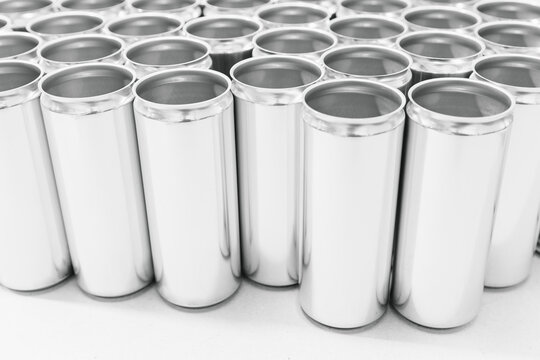 Rows of empty cans in beer factory production line
