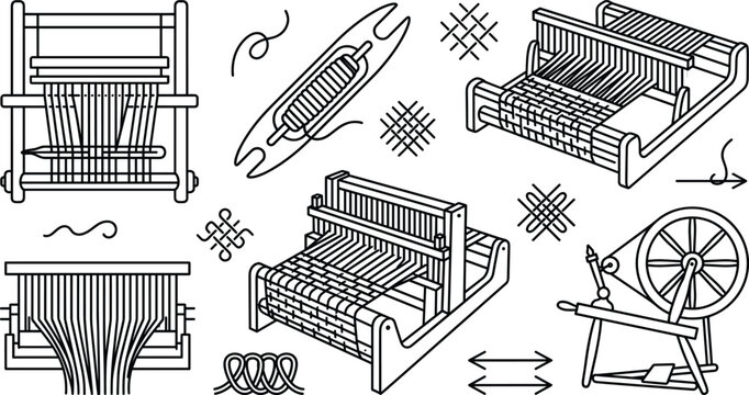 Weaving Loom Vector Icon Set with Spinning Wheel Shuttle Warp Threads and Textile Craft Doodle Designs