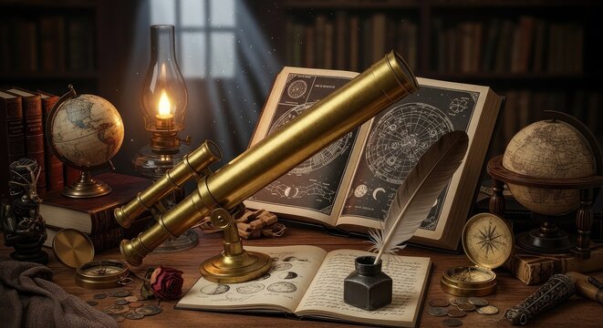 Vintage astronomy study desk with telescope.