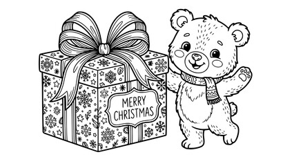Joyful Bear Cub and Holiday Present Cartoon Outline Vector for Coloring Book © Joy