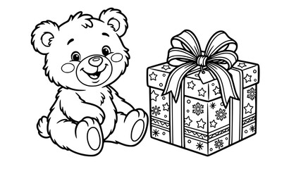 Cute Smiling Bear Cub with Holiday Gift Coloring Book Vector Illustration © Joy