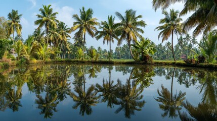 Obraz premium Beautiful coconut palm trees reflected in tranquil water, Kerala