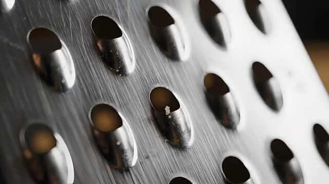 Close up of a metal grater with sharp holes.