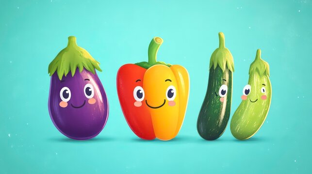 Four cartoon vegetables with happy faces, including an eggplant, a red and yellow pepper, and two zucchinis on a blue background.