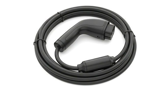 High-quality portable electric vehicle charging cable with ergonomic handle and integrated control box isolated on a clean white background. 