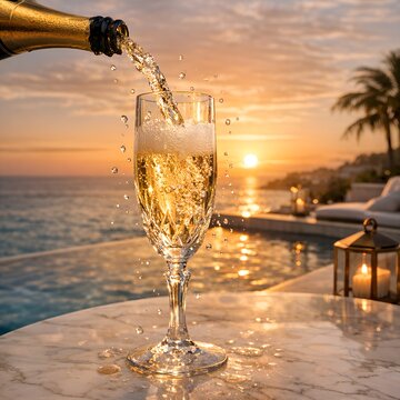 Champagne Pouring into Glass at Luxury Sunset Poolside