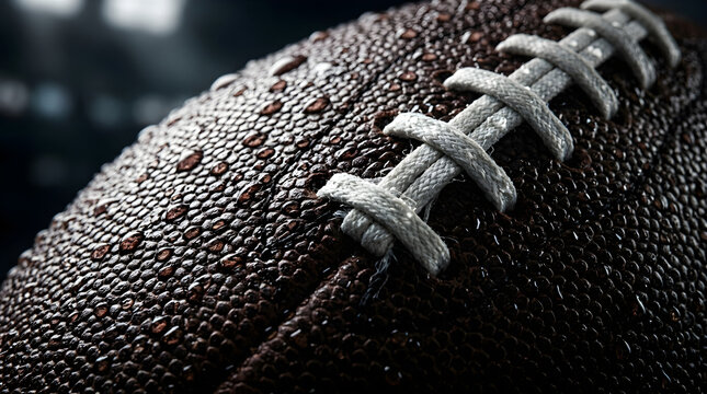 Close-up of wet American football leather with raindrops in a dark stadium
