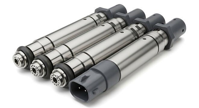 A professional set of four high-performance metallic fuel injectors designed for modern automotive internal combustion engines isolated on a white background.