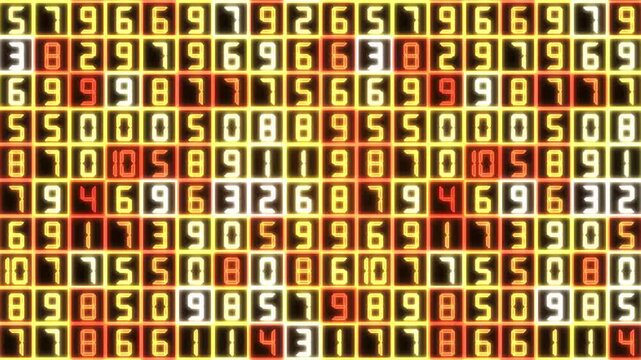 Dynamic digital screen displaying random glowing white number, orange and red numeric codes in grid, seamless loop animation of high tech cybersecurity information stream matrix. 4k video