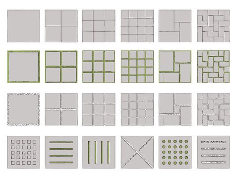 Collection of various square paving stone and grass patterns for landscape design and architectural plans.
