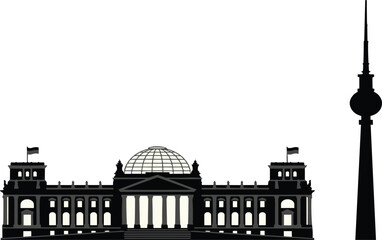 Berlin Germany Landmark Vector Illustration Set featuring Detailed Black Silhouette of Reichstag Building and Fernsehturm TV Tower Architecture Graphics © Mdjoshel 