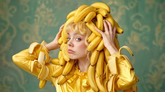 Surprised blonde woman wearing elaborate banana wig and matching yellow blouse. Surreal fashion concept with tropical fruit headpiece. Static medium shot.