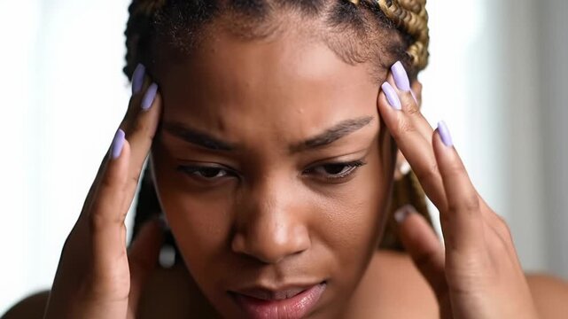 Young african american woman, braided hair, eyes closed, pressing temples in pain. Extreme close-up video, soft bokeh, bright ambient light. Concept of migraine suffering