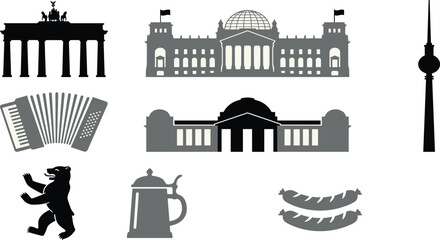 Germany and Berlin Vector Icon Set featuring Brandenburg Gate Reichstag Building Fernsehturm TV Tower Berlin Bear Accordion and Beer Stein © Mdjoshel 