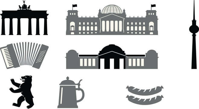 Germany and Berlin Vector Icon Set featuring Brandenburg Gate Reichstag Building Fernsehturm TV Tower Berlin Bear Accordion and Beer Stein