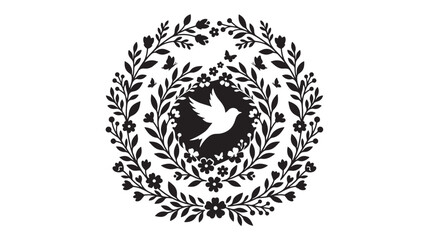 Floral wreath with bird silhouette and botanical leaves arranged in circular decorative ornament for greeting cards and branding © RASHIDAPARVIN